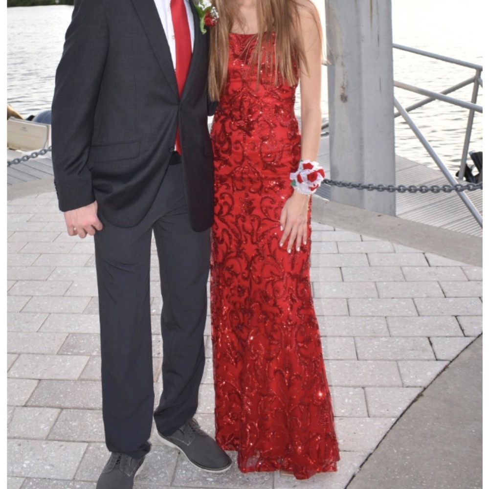 La Femme Red Sequin Jacquard Strappy Gown, Red Prom Dress, Formal Attire